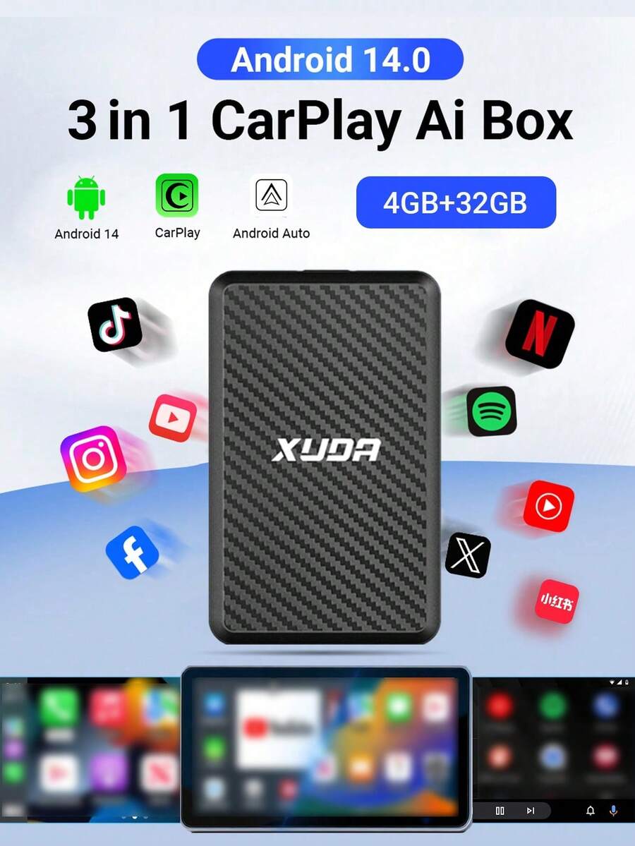Đầu phát đa phương tiện thông minh XUDA Android 14 mới, hỗ trợ CarPlay và Android Auto không dây, bộ xử lý lõi tứ, RAM 4GB + ROM 32GB, cắm là chạy, tích hợp sẵn ứng dụng, hỗ trợ 98% CarPlay hoặc Android Auto có dây của các nhà sản xuất thiết bị gốc. - A - Xem 1