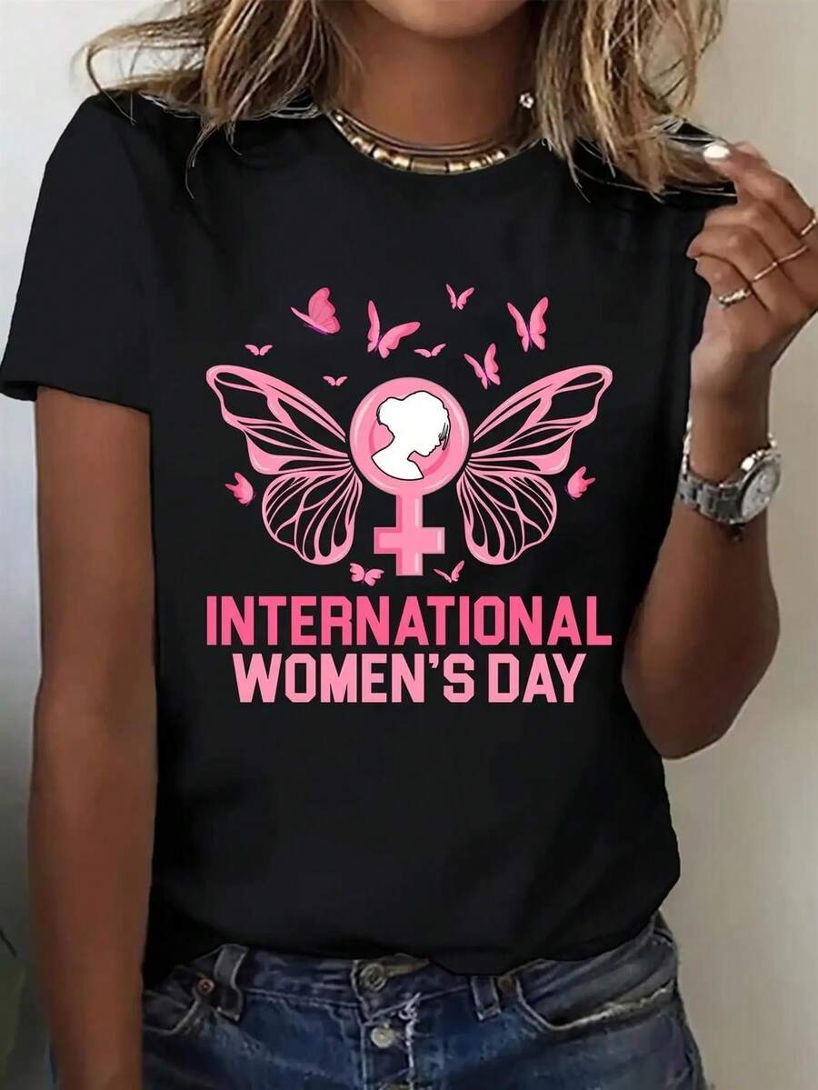 Women's T-Shirt - Women's Day Empowerment Top With Female Symbol And Pink Maosa Design - Lightweight And Breathable Short Sleeve Summer Blouse With Round Neck For Equality Clothing And Gender Equality - 黑色 - 查看 1