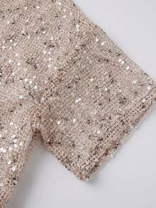 Women's Summer Sequin Mesh Sheer Top Loose Elbow Sleeve See-Through Glitter Blouse, Casual Party Cover Up T-Shirt - Beige - View 9