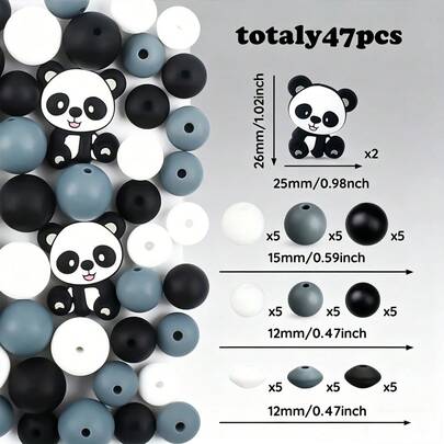 47颗黑色熊猫硅胶焦点珠，粉色12毫米硅胶圆珠，散珠隔珠，适用于DIY手链项链首饰制作、手工艺品、节日派对DIY礼物