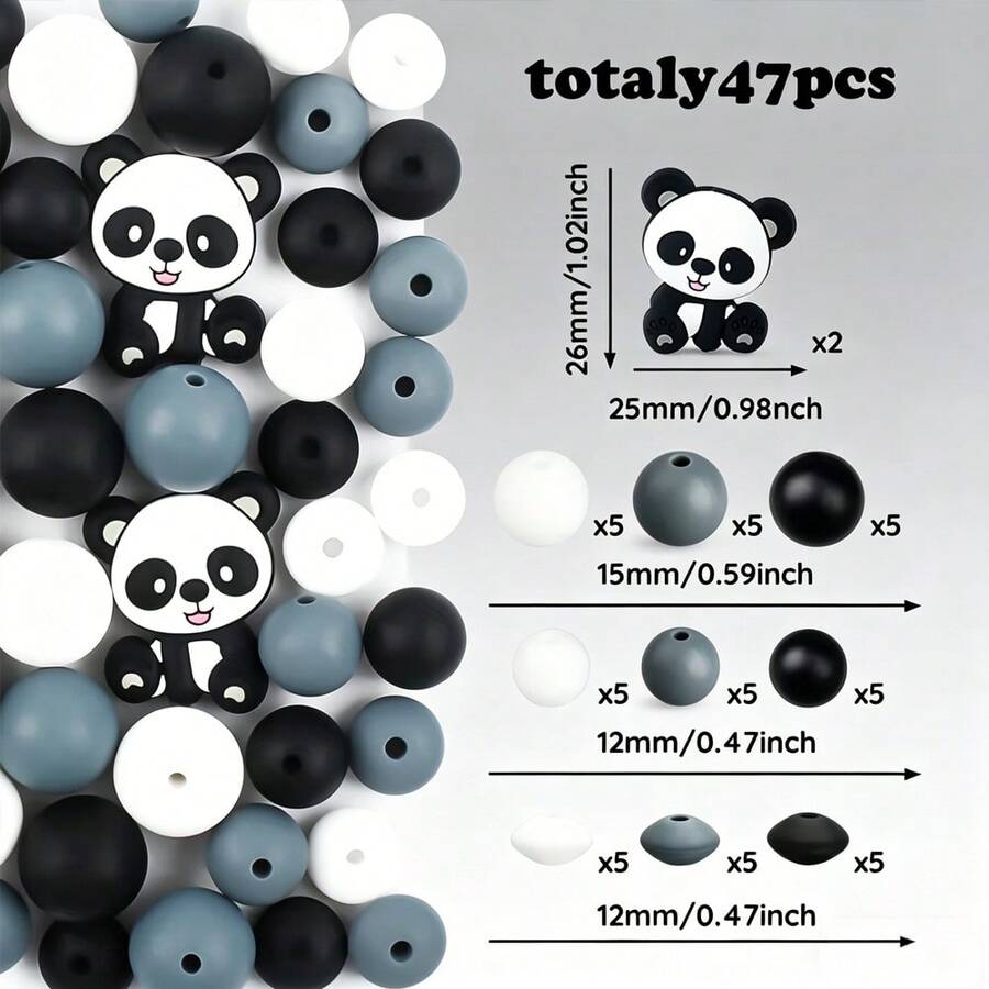 47颗黑色熊猫硅胶焦点珠，粉色12毫米硅胶圆珠，散珠隔珠，适用于DIY手链项链首饰制作、手工艺品、节日派对DIY礼物 - 熊貓組合矽膠珠 - 查看 1