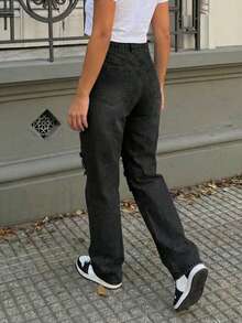 Boyfriend Style Distressed Straight Leg Jeans For Women - Black - View 3