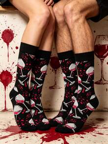 2双男女通用黑色酒杯印花趣味休闲中筒袜，适合所有季节 - 彩色 - 查看 4