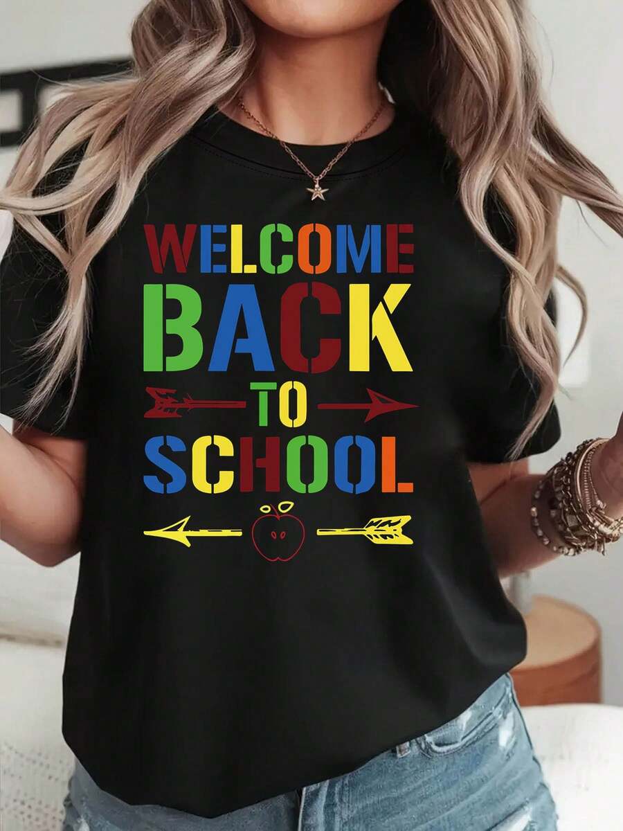 Bienvenido de vuelta al arco iris alfabeto Apple impresión gráfica camiseta | mujer primavera-verano manga corta cuello tripulación casual camiseta, ocio diario, regalo de vacaciones