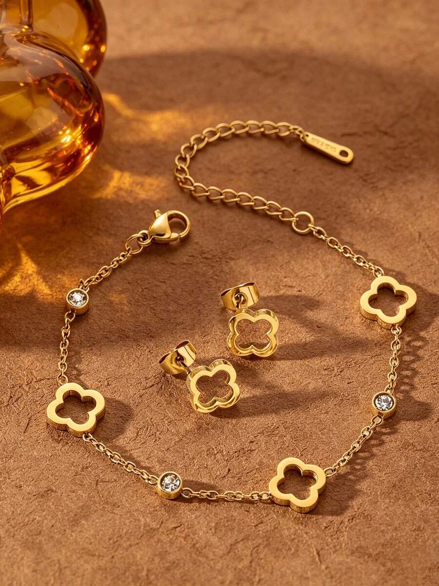 Hollow Clover Bracelet & Earrings Set, Luxury Niche Design Elegant Jewelry, Versatile Daily Wear, Ideal Gift For Girlfriend - Gold - View 1