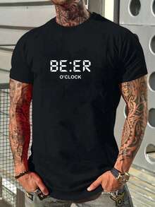 Playera Hombre Negra con Estampado de Texto Divertido - Diseño Tipográfico Digital Estilo Reloj, Camiseta Algodón Casual con Frase Gráfica, Cuello Redondo - Negro - Ver 1