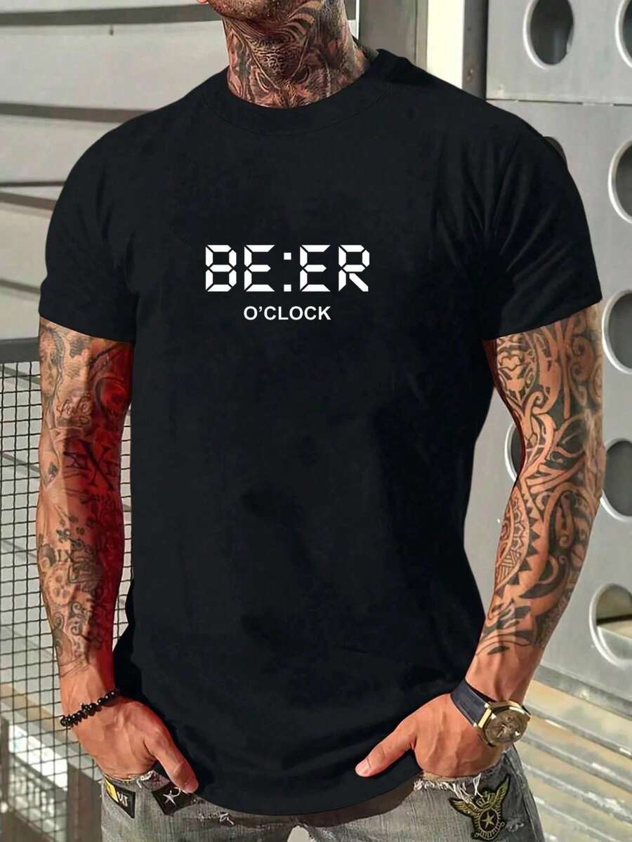 Playera Hombre Negra con Estampado de Texto Divertido - Diseño Tipográfico Digital Estilo Reloj, Camiseta Algodón Casual con Frase Gráfica, Cuello Redondo - Negro - Ver 1