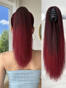 16 Inch Long Straight Ombre Black Brown To Burgundy Claw Clip Ponytail Hair Extension, Made Of Heat-Resistant Synthetic Fiber, Suitable For Women For Christmas, Halloween, Music Festivals, And Daily Use - Two-Tone - View 15