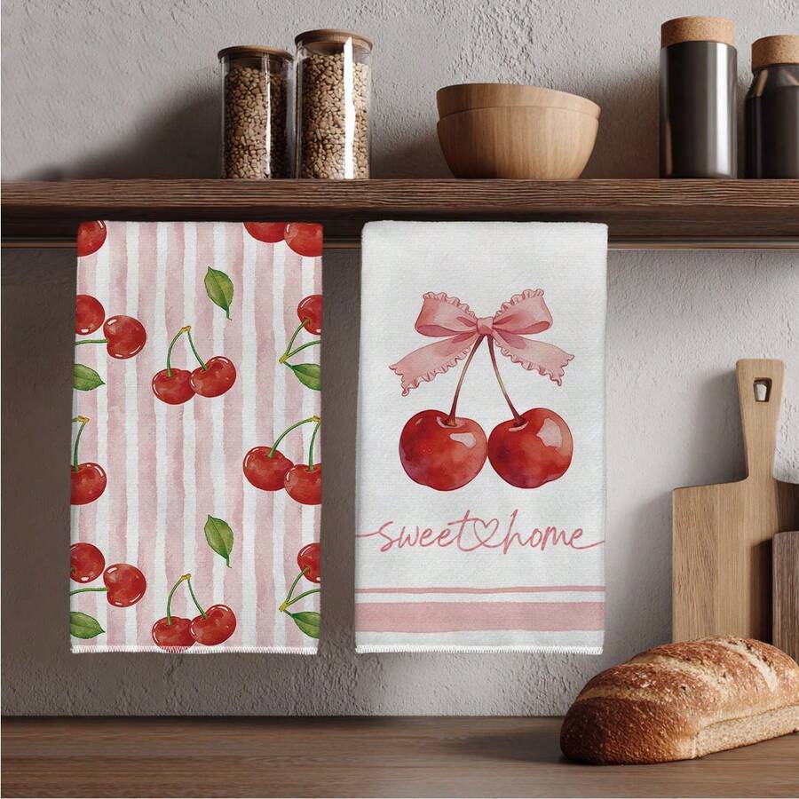 2件裝水彩粉色條紋紅櫻桃蝴蝶結插圖「Sweet Home」文字印花圖案廚房毛巾、洗碗巾、手巾、抹布、家居裝飾、廚房裝飾、手巾、廚房配件、可機洗、清潔用品，適用於餐廳、廚房、浴室、家居裝飾和禮物，四季皆宜 - 彩色 - 查看 1