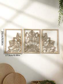 3pcs Mandala Style Wooden Wall Decor, Floral Carved Wall Art, Minimalist Natural Home Decoration, Geometric Hollow Design, Elegant Modern Wall Hanging Decor, Suitable For Living Room, Bedroom, Office, Hallway And Other Spaces, Aesthetic Bohemian Style Wall Art - Floral Style - View 12