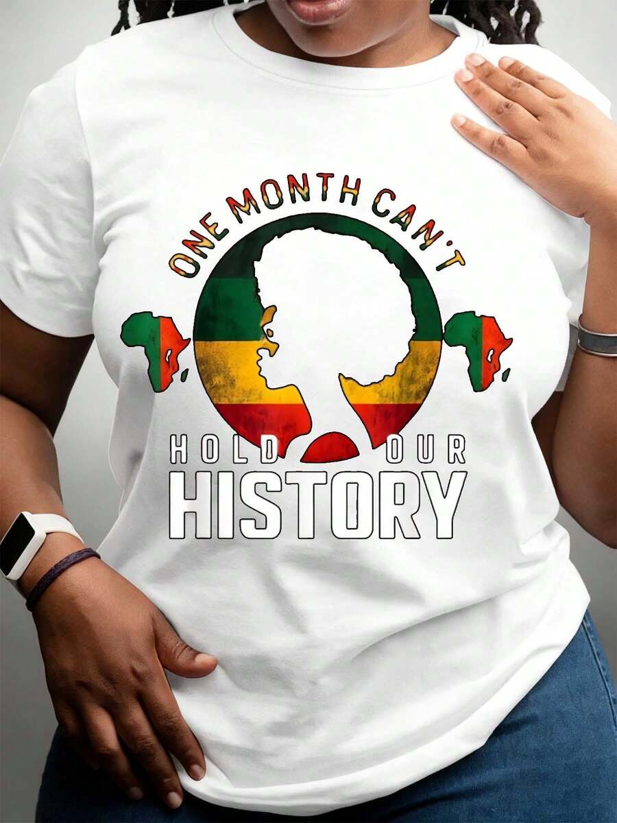 Women's Black History Month Africa Map And Text Print Round Neck T-Shirt Fashion Cotton Casual Round Neck Top Soft Comfortable For Celebrations And Everyday Wear - 白色 - 查看 1
