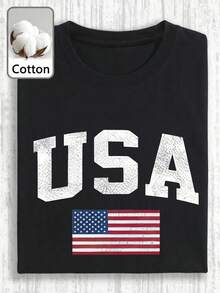 Camiseta feminina casual vintage com estampa de letras e bandeira americanas, gola redonda e manga curta, ideal para primavera, verão e outono. Preta. - Preto - Ver 4