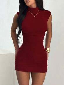1 pieza Vestido de verano de cuello alto plisado y elástico de unicolor, negro, adecuado para el Día de San Valentín, fiestas elegantes, playa, boda, graduación, cumpleaños y otras ocasiones, vestido mini elegante, ropa casual, vestido corto de mujer, vestido de mujer primaveral lindo - Burdeos - Ver 2