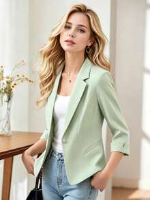 Áo khoác blazer màu xanh lá cây cho nữ, tay lỡ 3/4, chất liệu mỏng, dáng ôm, phong cách thường ngày thanh lịch, thích hợp cho mùa xuân/hè 2026. - màu xanh lá - Xem 10