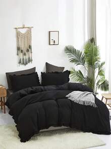 Set 3 pcs Sarung Selimut Lembut Berumbai Warna Hitam Krem (1*Sarung Selimut + 2*Sarung Bantal), Cocok Untuk Kamar Tidur & Kamar Tamu, Sepanjang Musim, Dapat Dicuci dengan Mesin - Hitam - View 5