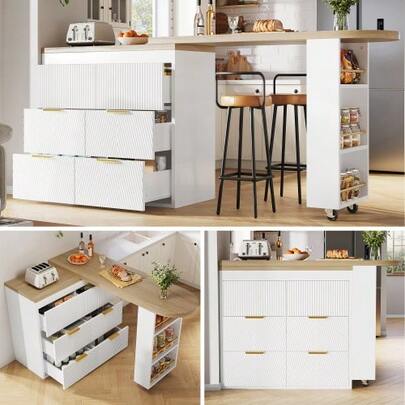 Bartisch Stehtisch Mit 6 Schubladen, Küchenbuffet Sideboard Mit Kippsicherung, Multifunktionaler Tisch 360° Drehbar Als Esstisch, Hausbar Oder Homeoffice-Schreibtisch Für Wohnzimmer, Küche, Restaurant