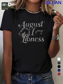 Camiseta de impresión de la mujer de la león - 100% cómodo cuello redondo de manga corta con la cabeza de la león y las letras 'agosto' - estilo de orgullo de la león adecuado para las mujeres, lavable a la máquina, todo el tiempo ocasional y especificación de vestir (múltiples colores) - Negro - Ver 2