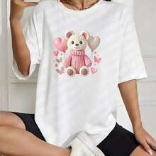 Camiseta de manga corta de verano estilo coreano para mujer, de algodón estampado con osito de peluche, corazones y mariposas. Camiseta de cuello redondo, manga corta, estampado de letras, holgada, casual y versátil para uso diario, playa, fiesta, vacaciones. 100% algodón. - Blanco - Ver 6