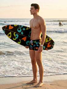 Men's New Black Base Eye Pattern Print Lined Drawstring Waist Swim Trunks, Casual Beach Holiday Hot Spring Water Sports Swimwear - Multicolor - View 6