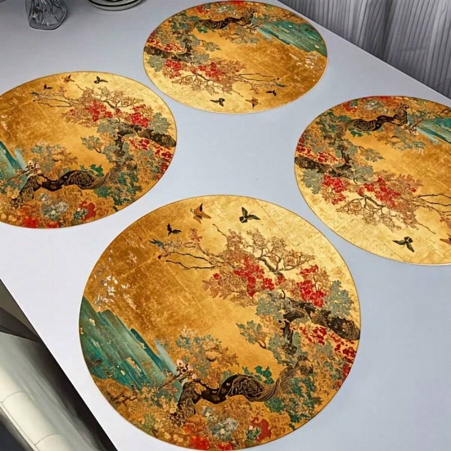 Four Piece Daily Themed Japanese Gold Leaf Round Linen Placemat, Decorative Floor Mat, Hot Selling Product, Wrinkle Resistant Placemat. The Size Is 36 * 36 Centimeters, Suitable For Occasions Such As Birthdays, Housewarming, Celebration Banquets, Holiday Gatherings, Family Dinners, Etc. Support Machine Washing. This Is An Excellent Gift Choice