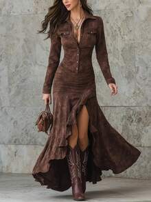 Long Dress With A Zip Flap, Asymmetrical Ruffle Cutouts, And An Open Fork. - 金色 - 查看 4