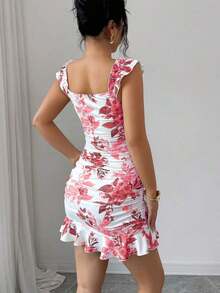 Vestido camisero con volantes en el bajo y hombros descubiertos, estilo vintage con estampado - Vestido entallado de línea A - Rosa - Ver 2