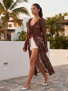 Women Tie Front Cardigan Casual Lightweight Floral Lace Ruffles Long Duster For Streetwear Aesthetic Clothes - Reddish Brown - View 5