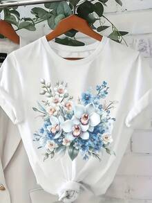 Women's T-Shirt With Floral Print Of Orchids And Peonies - Soft, Quick-Drying, Short Sleeve, Round Neck, Suitable For All Seasons, Washable, Ideal For Casual And Formal Occasions, Summer Wear - Unisex Loose Cotton Short Sleeve Round Neck T-Shirt, Urban Vintage Style - 白色 - 查看 1