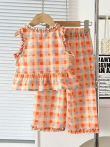 2pcs/Set Young Girl's Fashionable Floral Trim Plaid Vest And Pants Set, Summer - Orange - View 2