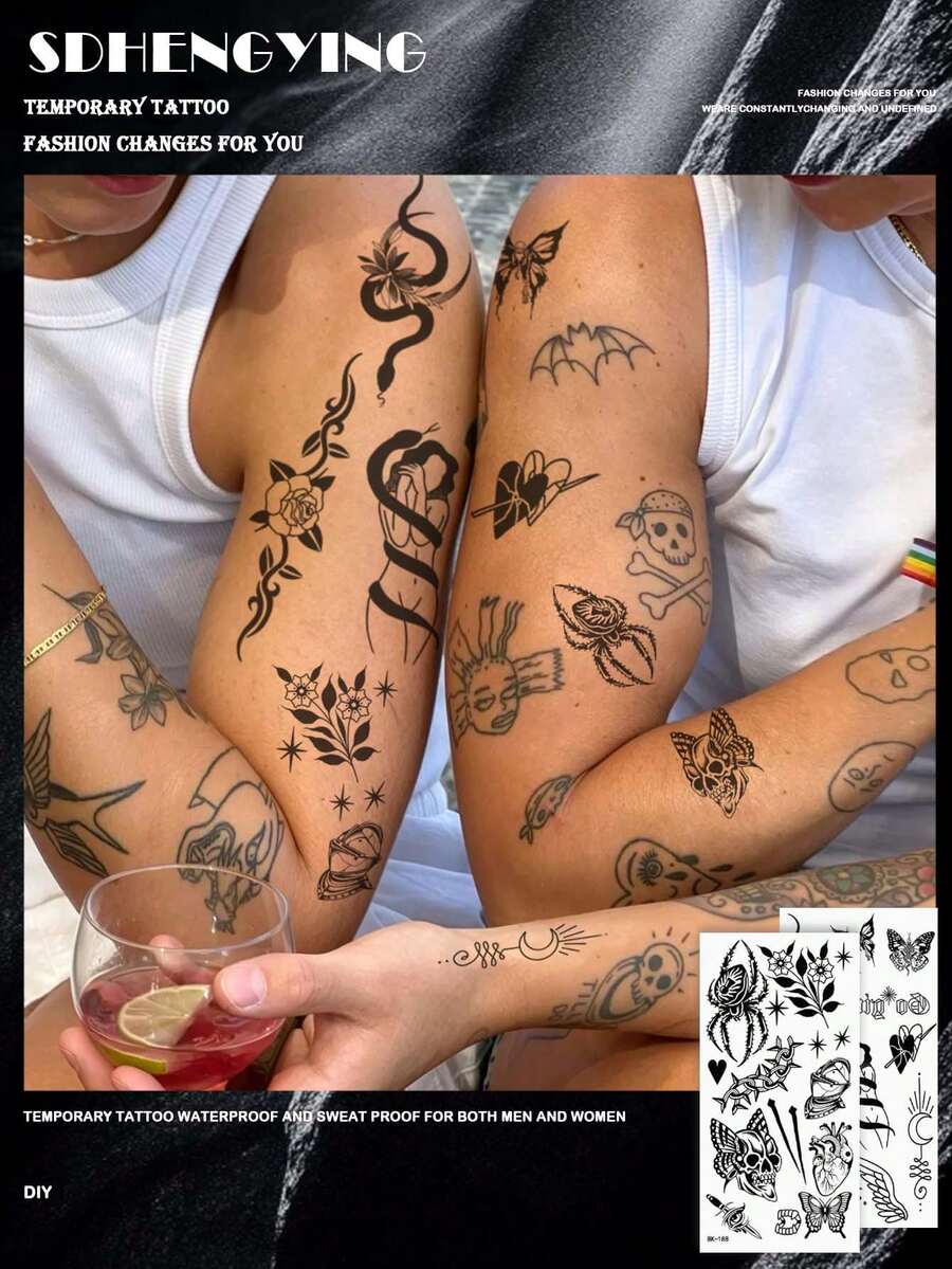 2 buah Stiker Tato Temporer Pola Kecil Campuran Hitam, Desain Bergaya Unisex Berbentuk Ular, Mawar, Hati, Sayap, Kupu-kupu, dan Bulan. Bertahan 2-5 Hari di Kulit, Mudah Dipasang dan Dilepas, Stiker Tato Seni Tubuh Sekali Pakai. - Hitam - View 1