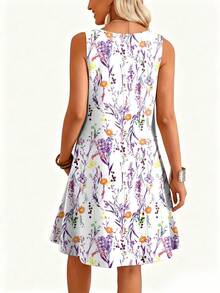 Vestido casual feminino plus size com estampa floral, decote em V e sem mangas, adequado para férias, elegante, de verão - Roxa - Ver 2