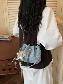 1pc Solid Color Washed Denim Fabric Rivet Embellished Bucket Bag With Pendant, Metal Chain Drawstring Buckle, New Fashion Casual Women's Mini Shoulder Bag - Blue - View 5