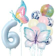 10件組蝴蝶主題生日氣球套組，藍色1-9數字鋁箔氣球，粉色與藍色亮片乳膠氣球，適合蝴蝶主題生日派對與嬰兒洗禮裝飾 - 蝴蝶氣球套裝 - 查看 16