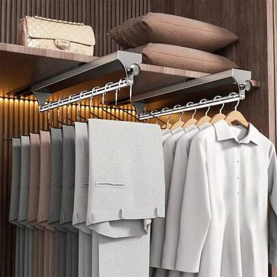 1pc Sliding Clothes Hanger, Multi-Functional Wardrobe Storage Organizer, Equipped With Powder-Coated Metal Hangers, Durable & Adjustable Hanging Rod, Space-Saving Aluminum Alloy Hanging Rod, Efficient Space Saving, Dual-Layer Usage, Divided Storage Management