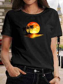 Camiseta de puesta del sol de las mujeres - Reflexión de lustre del sol y patrón del coco | Impresión cuello redondo transpirable, camiseta casual, cuello suelto, versátil, adecuado para el uso diario, lavable en máquina, suave y transpirable, y para el desplazamiento diario - Negro - Ver 2
