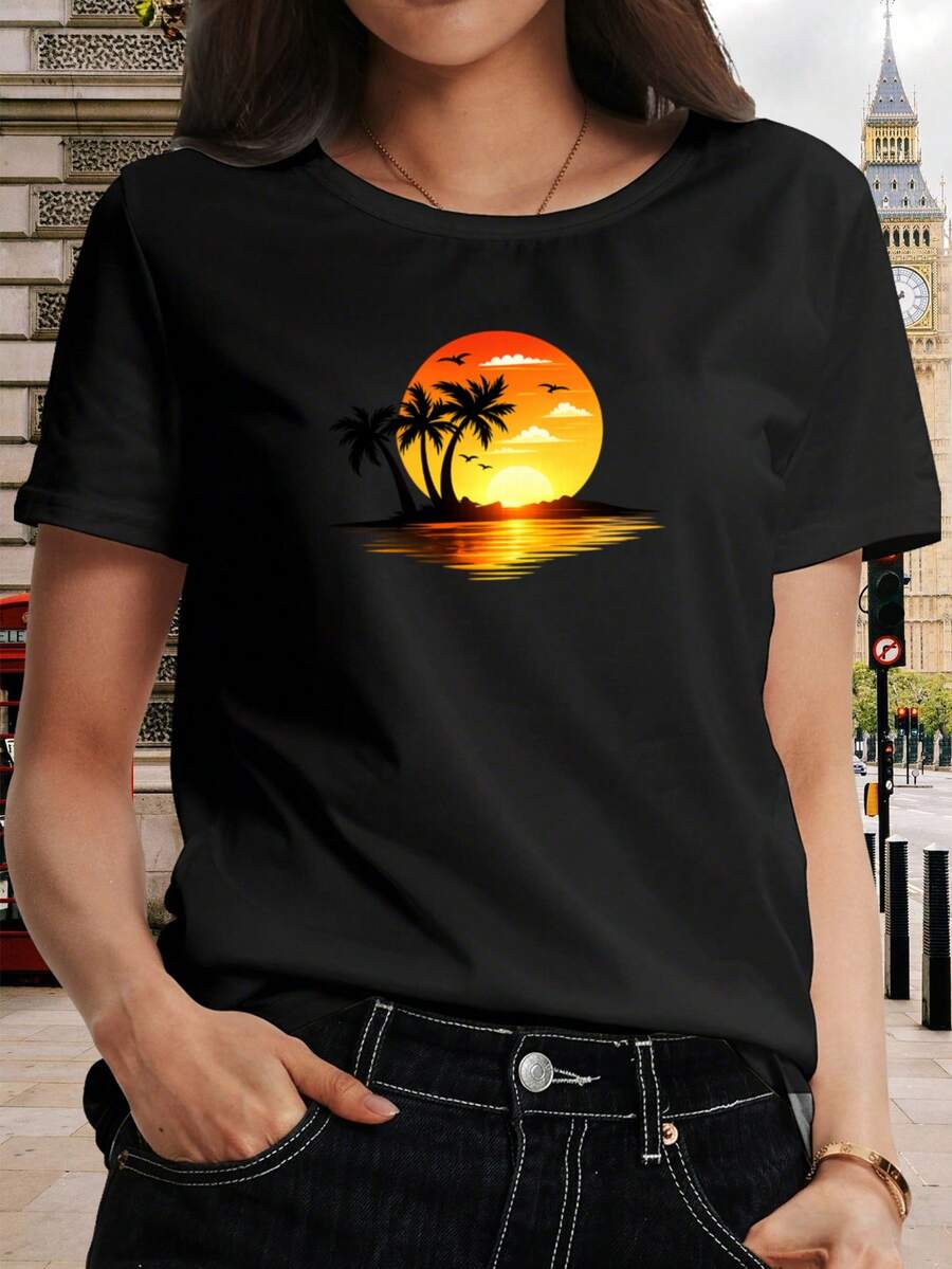 Camiseta de puesta del sol de las mujeres - Reflexión de lustre del sol y patrón del coco | Impresión cuello redondo transpirable, camiseta casual, cuello suelto, versátil, adecuado para el uso diario, lavable en máquina, suave y transpirable, y para el desplazamiento diario