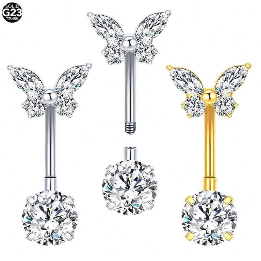 SWANJO 1件钛金蝴蝶锆石肚脐环，女士肚脐穿刺饰品