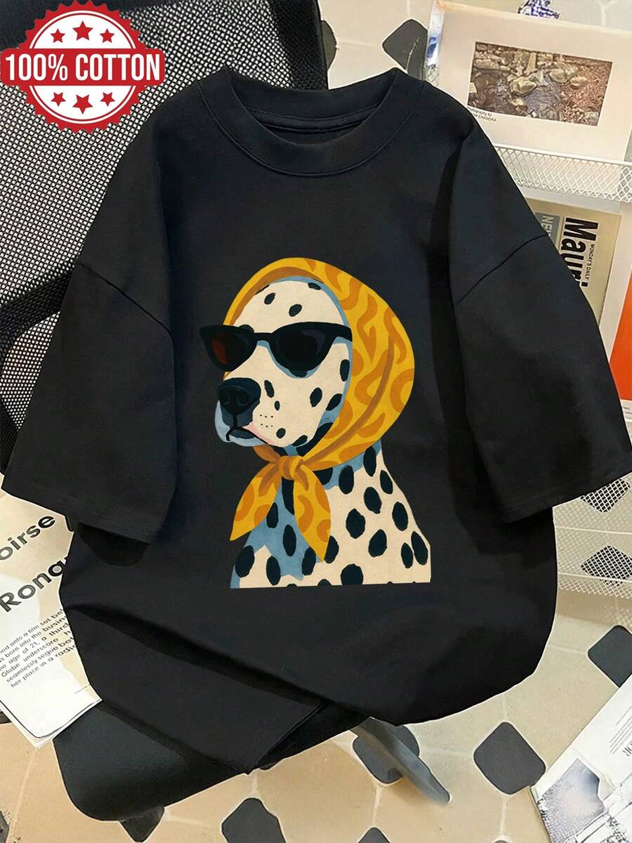 Ropa de mujer, ropa de primavera/verano, estilo pintado a mano con estampado de perro manchado, pañuelo para la cabeza, gafas de sol, moda, camiseta holgada de manga corta con cuello redondo, estampada, de algodón puro, de gran tamaño, con hombros caídos [Su K] camisas de mujer - Negro - Ver 1