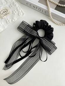 1pc Fashionable Elegant Black Bow Long Ribbon Hair Scrunchie With Rhinestone Decor Ponytail Hair Ties Elastics Rubber Bands - Multicolor - View 1