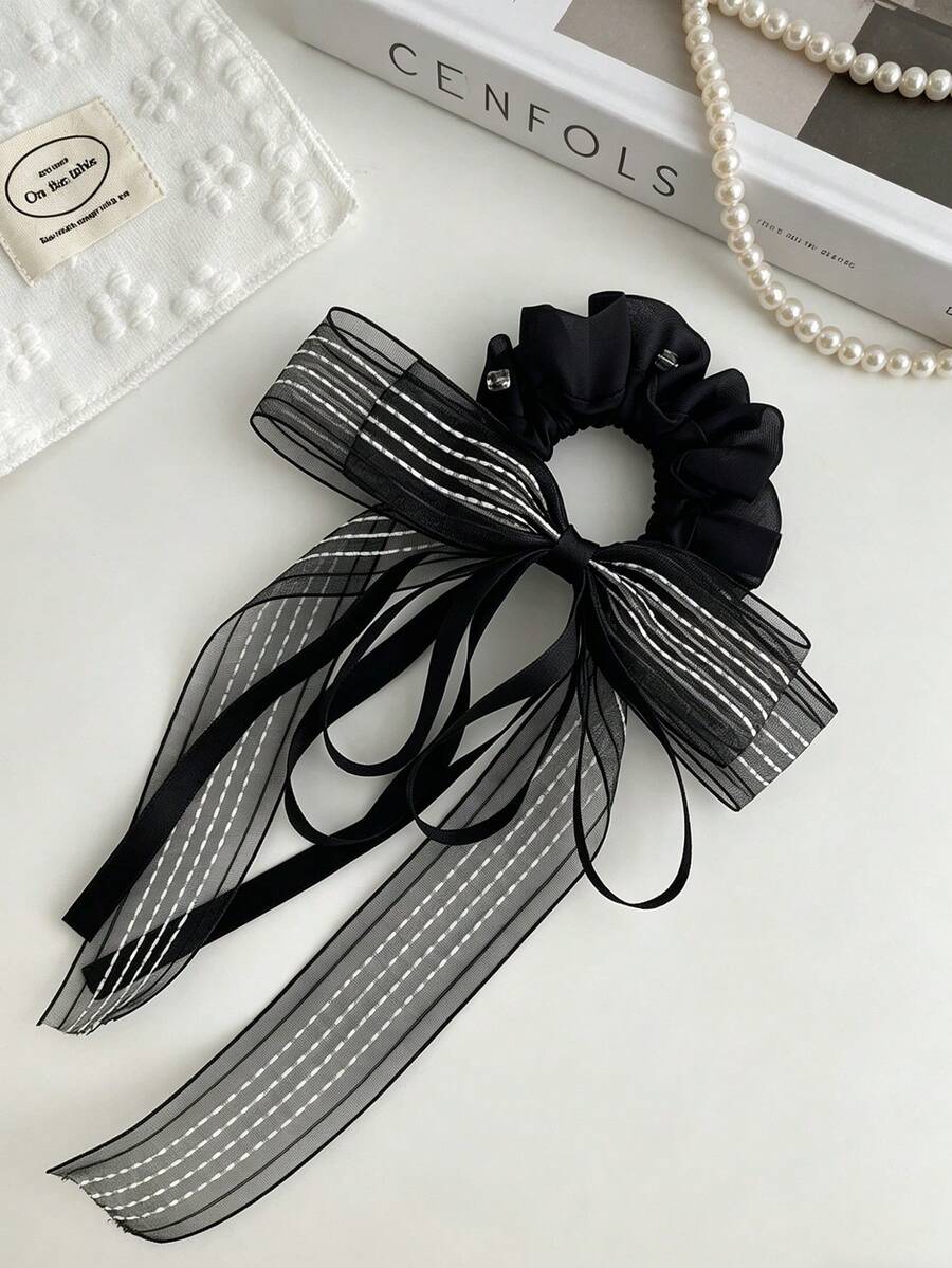 1pc Fashionable Elegant Black Bow Long Ribbon Hair Scrunchie With Rhinestone Decor Ponytail Hair Ties Elastics Rubber Bands - Multicolor - View 1