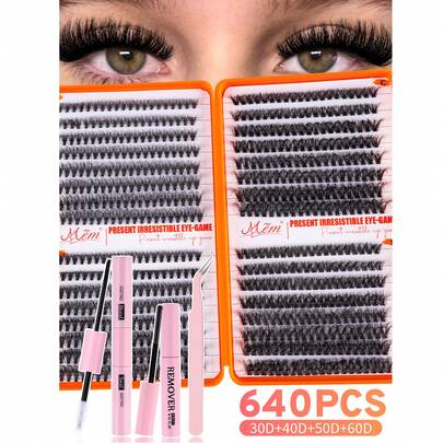640pcs DIY Eyelash Extension Kit (30D+40D+50D+60D) - Includes Fake Lashes, Glue, Makeup Remover, Tweezers, Easy To Use For Professionals And Beginners, Convenient For Home Use, Eyelash Extension Starter Kit: Complete Set With Fake Lashes And Glue