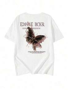 Camiseta de manga corta para mujer, casual, de cuello redondo, corte holgado, con estampado de letras y mariposas, estilo primavera/verano, blanca, 100% algodón. - Blanco - Ver 3
