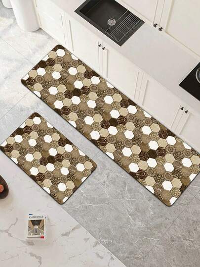 [Hàng HOT!!!] 1 tấm thảm nhà bếp bằng cao su mềm thấm hút nước, dày 3.5mm, thảm thấm hút cho diện tích lớn hoặc nhỏ, thảm trải sàn silicon kiểu Ma-rốc cổ điển, họa tiết hình lục giác màu nâu đậm, nâu nhạt và be, trang trí bằng các họa tiết hình tia nắng, cuộn và sóng kiểu retro.