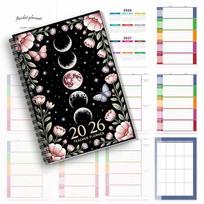 DANPERJI 1pc A5 Sky Spiral Notebook Diary - Lunar Phase Teacher Planner, With Floral Design, Black Starry Background, Pink And Blue Butterflies, Monthly And Daily Planning, Suitable For College, Office, Personal Organizer, Monthly Planner, Sky Theme, Durable Spiral Binding, Moon Decorations