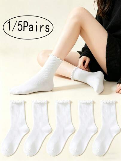 1/5 Pairs White Mid-Calf Socks, Thin Solid Color Socks For Women, Cute Frill Trim Crew Socks, Spring/Summer