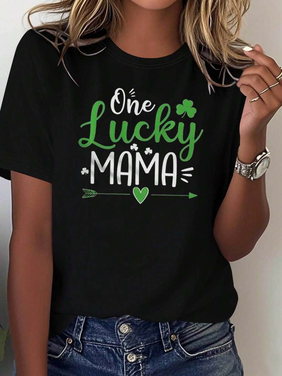 Camiseta de mamá de la suerte del día de San Patricio de las mujeres - Tráfulo y Corazón Decoración eslogan Manga corta casual, verde-blanco fresco Vibe festivo Mamá Reunión de la familia Top