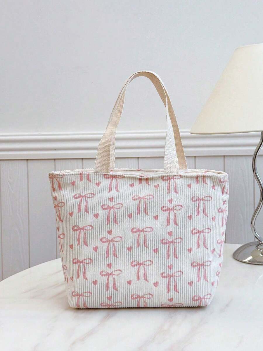 Fashionable Portable Tote Bag Thickened Cute Bow & Heart Print Handbag Travel Bag - Beige - View 1