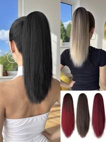 16 Inch Long Straight Ombre Black Brown To Burgundy Claw Clip Ponytail Hair Extension, Made Of Heat-Resistant Synthetic Fiber, Suitable For Women For Christmas, Halloween, Music Festivals, And Daily Use - Two-Tone - View 3