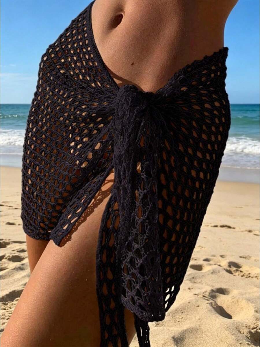 Women Beach Skirt, Cover-Up Skirt Hollowed Solid Summer Mini Knitted Skirt For Vacation SeasideCoachela Festival Swimsuits For Woman, Bathing Suits For Women, Trajes De Baño Mujer - 黑色 - 查看 1