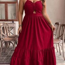 Plus Size Summer Cut Out Ruffle Casual Shirred Dress With Thin Straps For New Year Clothes Maxi Women Outfit - Rojo - Ver 6